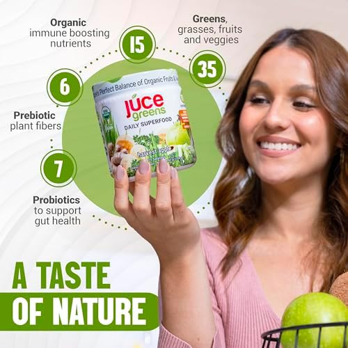Terra Kai Organics Juce Green Superfood Powder Organic Fruits And Veggies Supplement W/ 77 Superfoods Plus Prebiotic Probiotic Blend Harvest Apple Flavor 20 Servings (250 G)