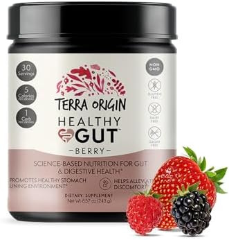 Terra Origin Healthy Gut Powder (Berry Flavor) 30Servings With Lglutamine Zinc Glucosamine Slippery Elm Bark Marshmallow Root And More