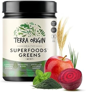 Terra Origin Healthy Superfood Greens Powder Drink With Probiotics & Ashwagandha Adaptogen & Digestive Enzyme Fruit And Veggie Blend For Gut Health Energy Immune Support 30 Servings Mint