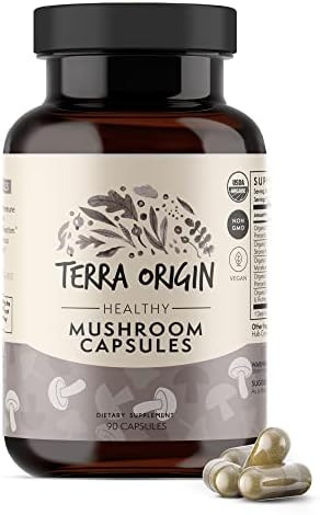 Terra Origin Healthy Mushroom Complex Supplement 90 Capsules Reishi Lions Mane Changa Cordyceps Maitake Immune & Nootropic Brain Support Usda Organic Non Gmo Vegan