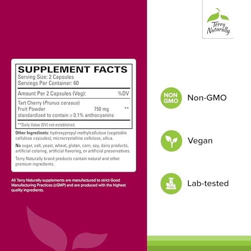 Terry Naturally Tart Cherry Antioxidant Supplement To Support Healthy Uric Acid Balance & Joint Health Nutritional Supplement Dietary Supplement To Aid Recovery After Exercise 120 Capsules