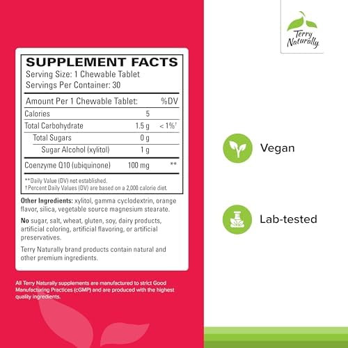 Terry Naturally Coq10 Chewables Cellular Energy Support Supplement Higher Absorption Coq10 Chewable Supplement Nutritional Supplement To Aid Healthy Aging & Brain Health 30 Chewables