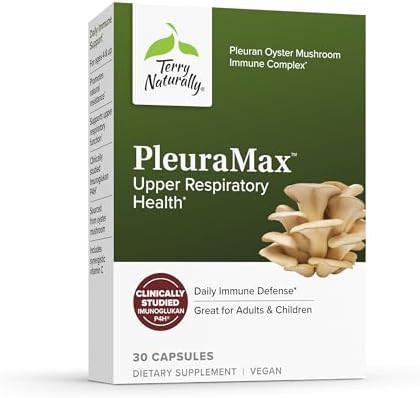 Terry Naturally Pleuramax Upper Respiratory Health Supplement Sourced From Oyster Mushrooms Includes Vitamin C For Immune Support Vegan & Nongmo 30 Capsules (30 Servings) 2 Pack