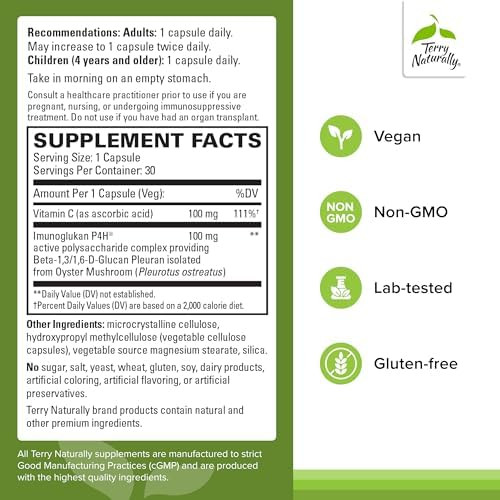 Terry Naturally Pleuramax Upper Respiratory Health Supplement Sourced From Oyster Mushrooms Includes Vitamin C For Immune Support Vegan & Nongmo 30 Capsules (30 Servings) 2 Pack