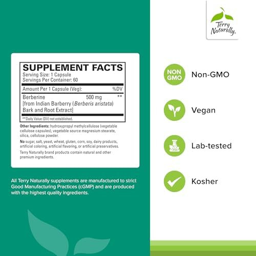 Terry Naturally Berberine Dietary Supplement With Berberine Liver Health Supplement For Metabolism Support Joint Health Support For Men & Women 60 Capsules