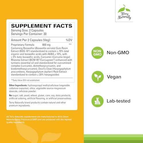 Terry Naturally Arthocin Boswellia Serrata Capsules With Devil'S Claw & Curcumin Supplement To Support Joint & Spine Health Herbal Supplement Aids Comfort & Absorption 60 Capsules