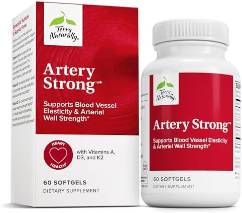 Terry Naturally Artery Strong Cardio Health & Vascular Elasticity And Strength Support Cardiovascular Support Supplement With Vitamins A & D3 Aids Blood Vessel Elasticity 60 Softgels