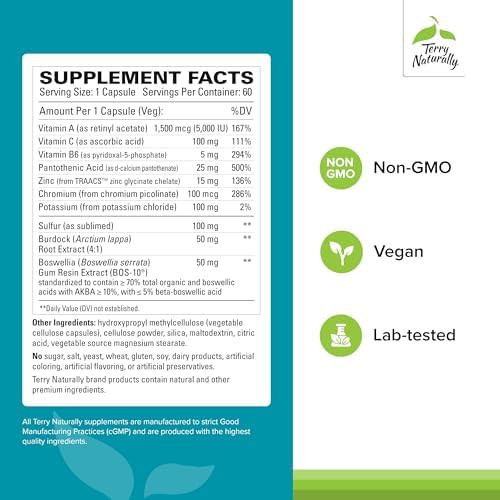 Terry Naturally Acne Essentials Skin Support Supplement For Clear Skin Supplement With Vitamins A C & Zinc Skincare Supplement For Occasional Acne 60 Capsules (60 Servings)