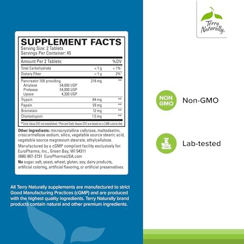 Terry Naturally Clinical Digestive Enzymes Digestion Supplement For Nutrient Absorption Includes Undiluted Pancreatic Enzymes Gluten Dairy & Nonsoy 90 Tablets (45 Servings)