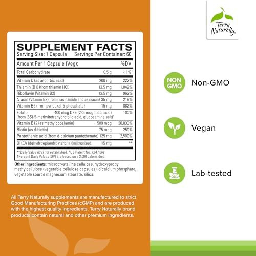 Terry Naturally Cortisol Rescue Stress Response Support With Vitamin C & Bioactive B Vitamins Adrenal Health & Energy Support Supplement 60 Capsules (60 Servings)