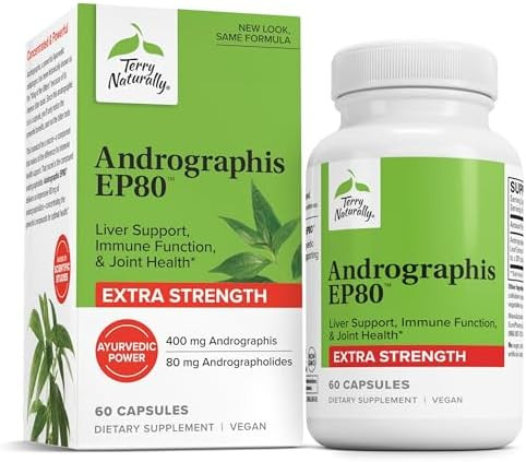 Terry Naturally Andrographis Ep80 Extra Strength Brain Health & Immune Support Joint Health Supplement To Aid Mobility Vegan Adaptogen Supplement For Energy & Liver Support 60 Capsules