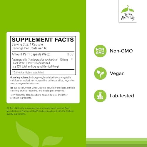 Terry Naturally Andrographis Ep80 Extra Strength Brain Health & Immune Support Joint Health Supplement To Aid Mobility Vegan Adaptogen Supplement For Energy & Liver Support 60 Capsules