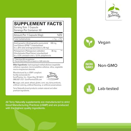 Terry Naturally Andrographis Ep80 With Umckaloabo Sinus Health Support Supplement To Support Mucus Relief & Respiratory Function Vegan Capsules To Aid Immune Health 60 Capsules (60 Servings)