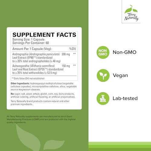 Terry Naturally Andrographis And Ashwagandha Immune System Support Supplement Support Energy & Healthy Stress Response Energy Support Supplement 60 Capsules (60 Servings)