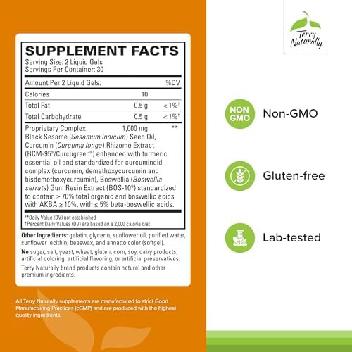 Terry Naturally Curamed Acute Pain Relief Supplement With Bcm95 Curcumin & Bos10 Boswellia Black Sesame Seed Oil To Support Relief Of Occasional Discomfort 60 Liquid Gels (Pack Of 2)