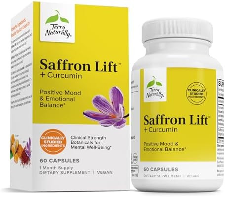 Terry Naturally Saffron Lift + Curcumin Herbal Supplement With Curcumin Nongmo Saffron & Brain Curcumin Capsules Concentration & Relaxation Support Supplement 60 Capsules