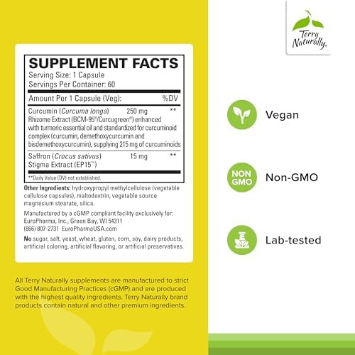 Terry Naturally Saffron Lift + Curcumin Herbal Supplement With Curcumin Nongmo Saffron & Brain Curcumin Capsules Concentration & Relaxation Support Supplement 60 Capsules