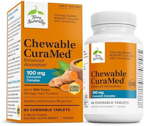 Terry Naturally Curamed 100 Mg Curcumin Complex Enhanced Absorption Curcumin Supplement With Turmeric Brain & Liver Health Support Supplement Vegan Dietary Supplement 60 Chewable Tablets