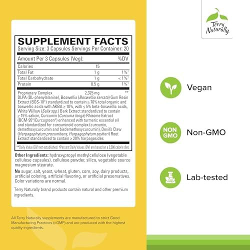 Terry Naturally Curamin Low Back Pain Relief 60 Capsules With Curcumin Boswellia & Dlpa Nongmo Vegan Gluten 20 Total Servings