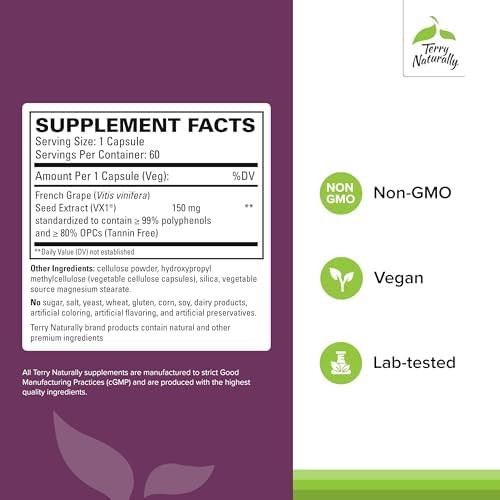 Terry Naturally Clinical Opc Cardiovascular Health & Focus Support Supplement Dietary Supplement With Grape Seed Extract & Sunflower Lecithin Immune Support Supplement 300 Mg 60 Softgels