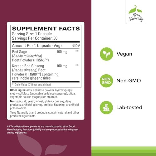 Terry Naturally Red Sage Plus Herbal Supplement With Hrg80 Red Ginseng Muscle Energy Support For Heart Health Aids Blood Flow & Circulation 30 Capsules (30 Servings)