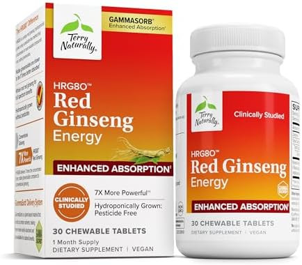 Terry Naturally Hrg80 Red Ginseng Energy Support Healthy Energy & Focus Herbal Supplement With Korean Red Ginseng Root Powder Vegan Tablets To Aid Healthy Endurance 30 Chewable Tablets