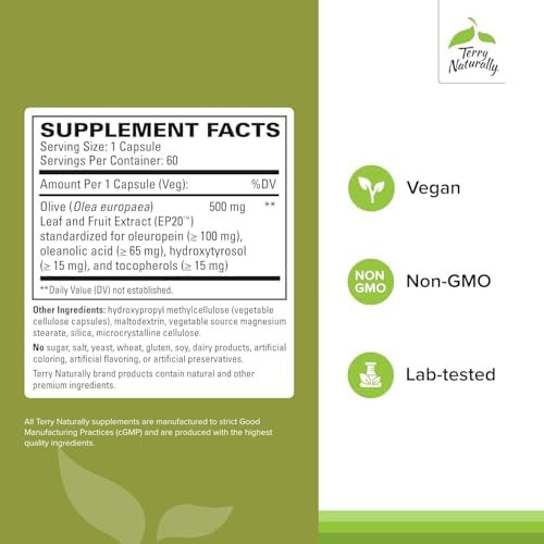 Terry Naturally Olive Extract Ep20 Brain Health Support Supplement With Olive Leaf Extract Herbal Supplement To Aid Healthy Immune System Function 60 Capsules (60 Servings)