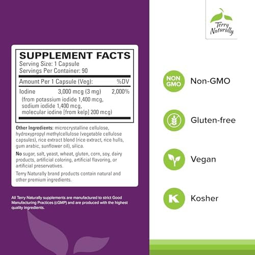 Terry Naturally Triiodine Dietary Supplement For Breast & Prostate Health Support Healthy Thyroid Function Supplement Aid 3 Mg 90 Capsules 2 Pack