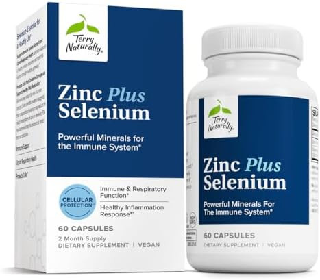 Terry Naturally Zinc Plus Selenium Immune & Respiratory Health Supplement Mineral Supplement With Zinc Bisglycinate Chelate Formula With Selenium For Cellular Health Support 60 Capsules
