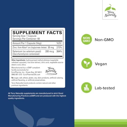 Terry Naturally Zinc Plus Selenium Immune & Respiratory Health Supplement Mineral Supplement With Zinc Bisglycinate Chelate Formula With Selenium For Cellular Health Support 60 Capsules