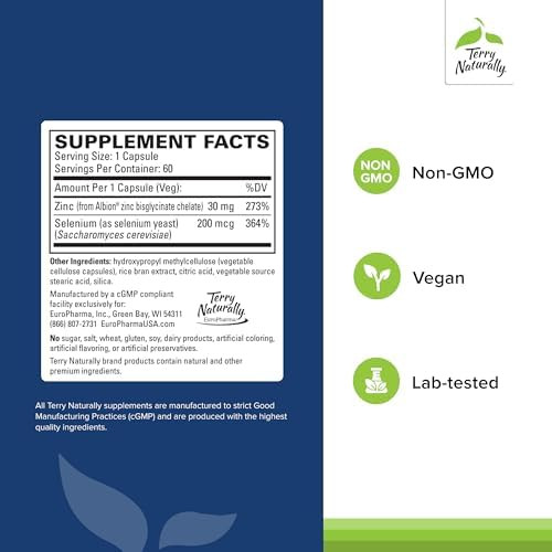 Terry Naturally Zinc Plus Selenium Immune & Respiratory Health Supplement Mineral Supplement With Zinc Bisglycinate Chelate Formula With Selenium For Cellular Health Support 60 Capsules (2Pack)