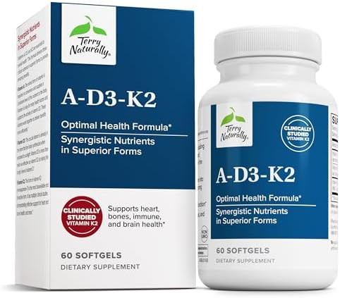 Terry Naturally A¢D3¢K2 Healthy Supplement For Immune Support Heart Health & Bone Support Supplement For Strong Bones & Healthy Heart Includes Vitamins A D3 & K260 Softgels (60 Servings)