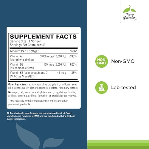Terry Naturally A¢D3¢K2 Healthy Supplement For Immune Support Heart Health & Bone Support Supplement For Strong Bones & Healthy Heart Includes Vitamins A D3 & K260 Softgels (60 Servings)