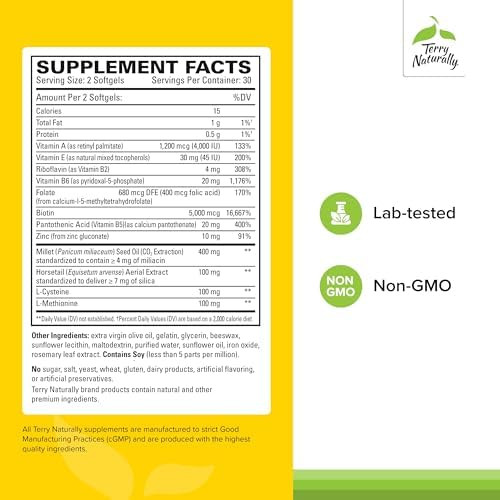 Terry Naturally Hair Re Formula Hair Growth Support Supplement With Horsetail Biotin & Folic Acid Millet Seed Oil For Keratin Production Support 60 Softgels 2 Pack