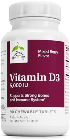 Terry Naturally Vitamin D3 Bone Health & Bone Strength Supplement Dietary Supplement For Immune System & Brain Support 5000 Iu Vitamin D Tablets With Mixed Berry Flavor 90 Chewable Tablets