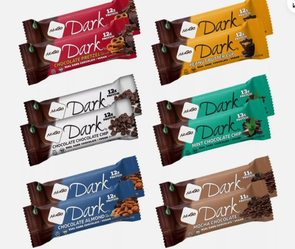 The Kitchen Queen Variety Pack Dark Protein Bars "Made For Nugo Nutrition " 12 Count “ Flavors: Pretzel Mint Chocolate Chip Mocha Peanut Butter Coconut Chocolate Chipor Almond “ Kosher Pareve Dairy Vegan Gluten "The Kitchen Queen" Packaging