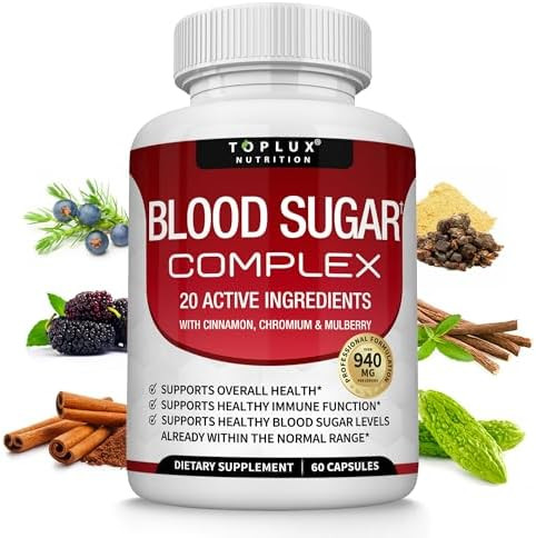 Toplux Blood Sugar Complex Supplement Supports Healthy Blood Sugar Levels Already Within Normal Range All Natural With Cinnamon Bitter Melon Chromium Mulberry Alpha Lipoic Acid Nongmo 60 Capsules