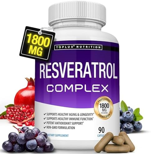 Toplux Resveratrol Supplement 1800 Mg Antioxidant Complex Highly Potent Natural Transresveratrol Pills For Healthy Aging Overall Health Support Immune System Brain Function For Men Women 90 Capsules