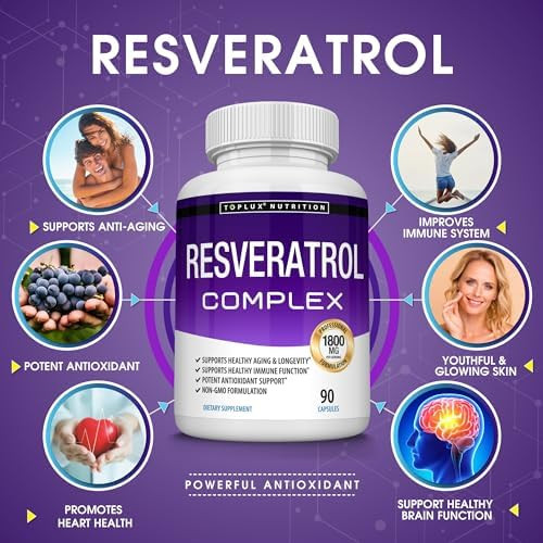 Toplux Resveratrol Supplement 1800 Mg Antioxidant Complex Highly Potent Natural Transresveratrol Pills For Healthy Aging Overall Health Support Immune System Brain Function For Men Women 90 Capsules