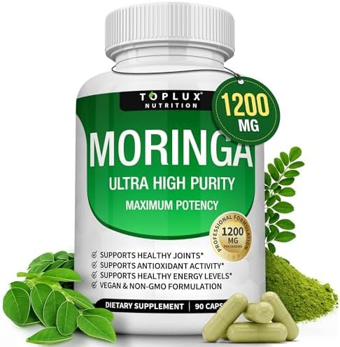 Toplux Moringa Capsules 1200Mg “ Pure Moringa Powder Oleifera Leaf Superfood Rich In Antioxidant Skin Health & Immune Support Natural Green Superfood Vegan Nongmo 90 Capsules
