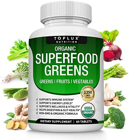 Toplux Organic Super Greens Capsules Superfood Fruit Veggie Supplement 28 Powerful Natural Ingredients With Alfalfa Beet Root Tart Cherry & Ginger For Immune & Energy Support For Men Women 60 Tablets