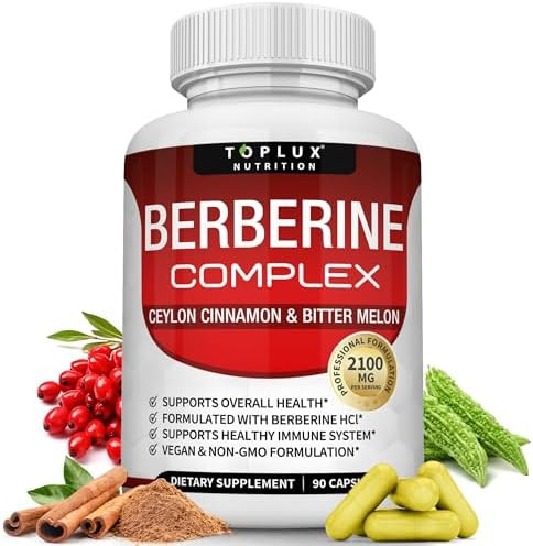 Toplux Berberine With Ceylon Cinnamon And Bitter Melon 2100Mg High Purity 97% Hcl Berberine Supplement Supports Overall Health & Immune System Nongmo Vegan 90 Capsules