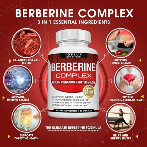 Toplux Berberine With Ceylon Cinnamon And Bitter Melon 2100Mg High Purity 97% Hcl Berberine Supplement Supports Overall Health & Immune System Nongmo Vegan 90 Capsules