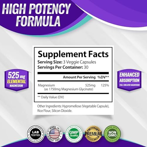 Toplux Magnesium Glycinate 525Mg High Absorption Chelated Magnesium Supplement Made With Pure Magnesium Glycinate Supports Muscles Sleep Cramps Recovery Bisglycinate Complex Vegan Nongmo 90 Capsules