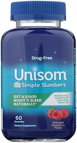 Unisom Simple Slumbers Drug Sleep Aid Gummies Melatonin 5Mg Sleep Support For Adults Midnight Raspberry Flavor 120 Count