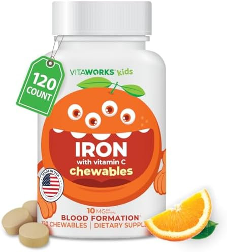 Vitaworks Kids Iron 10Mg With Vitamin C 50Mg Chewable Tablets Tasty Natural Flavored Vegan Vegetarian Gmo Nut Dietary Iron Supplement Blood Formation For Children 120 Chewables