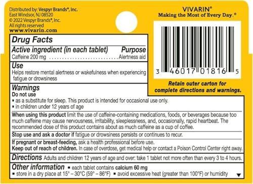 Vivarin Caffeine Pills 200Mg Caffeine Per Dose Safely And Effectively Helps You Stay Awake No Sugar Calories Or Ingredients Energy Supplement 16 Tablets (6 Pack)