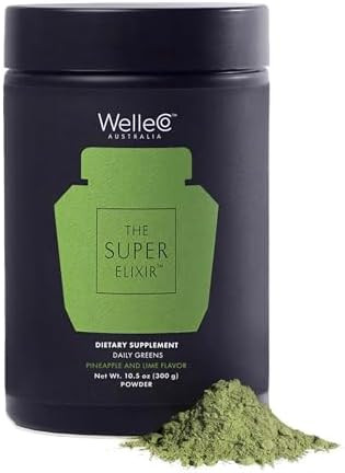 Welleco The Super Elixir Daily Greens Powder Probiotic Drink Mix With Whole Foods Gluten Vegan Gut Health Powder Energy Immunity Healthy Skin Hair & Nails (Jar Blood Orange)