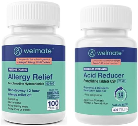 Welmate Allergy & Heartburn Relief Bundle Fexofenadine 60Mg + Famotidine 20Mg Nondrowsy & 12 Hour Support 100 + 300 Tablets