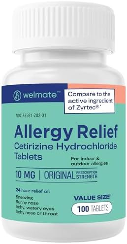 Welmate Allergy Relief (100 Tablets) Cetirizine Hydrochloride 10Mg 24 Hours Non Drowsy Indoor & Outdoor Allergy Medicine Antihistamine Nose Eyes & Throat Overthecounter Medication